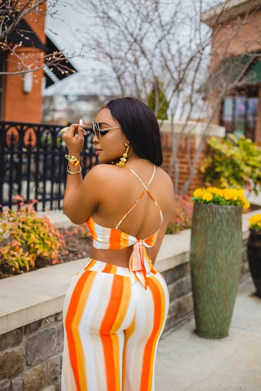 Women Summer Sexy Orange Halter Top and High Waisted Pant Fashion Style Tracksuit