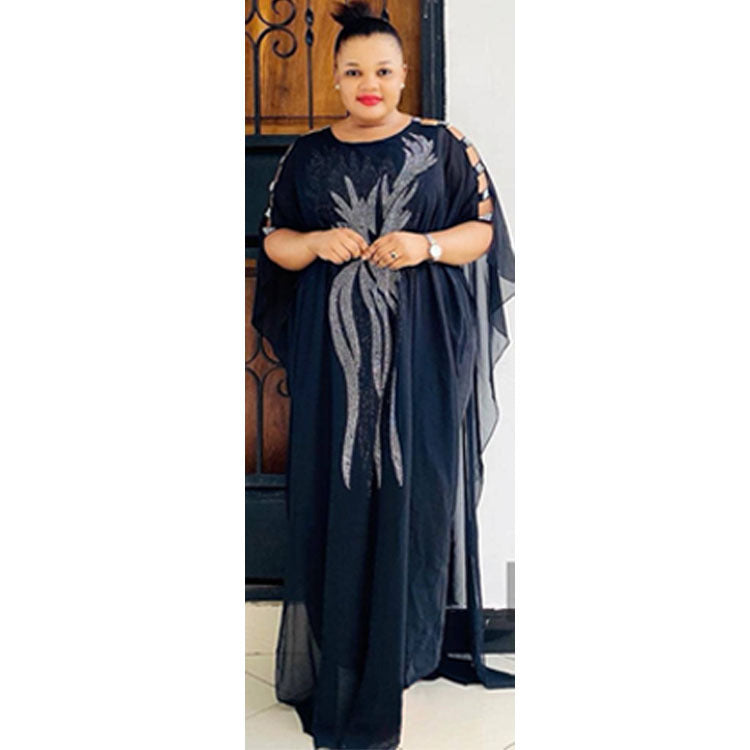 Plus Size Women's African Heavy Embroidery Hot Drilling Loose Chiffon Fake Two-piece Dress