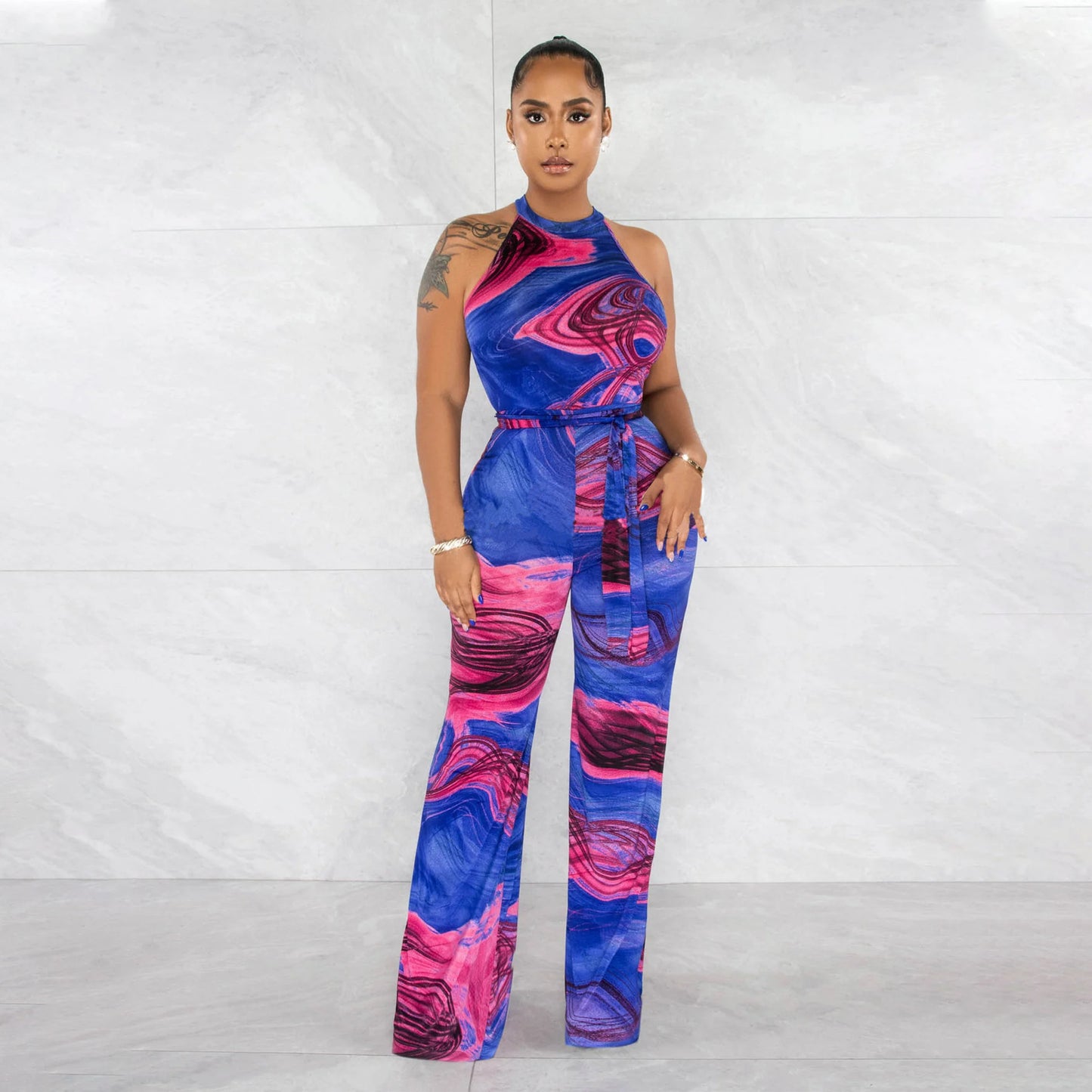 Women's Printed Sexy Sleeveless Lace-up Jumpsuit Trousers
