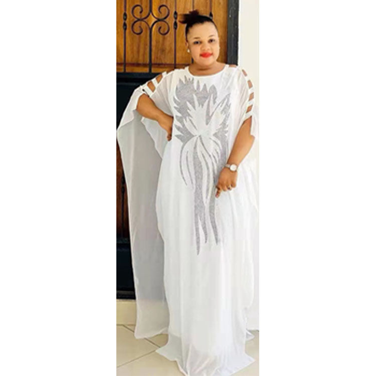Plus Size Women's African Heavy Embroidery Hot Drilling Loose Chiffon Fake Two-piece Dress