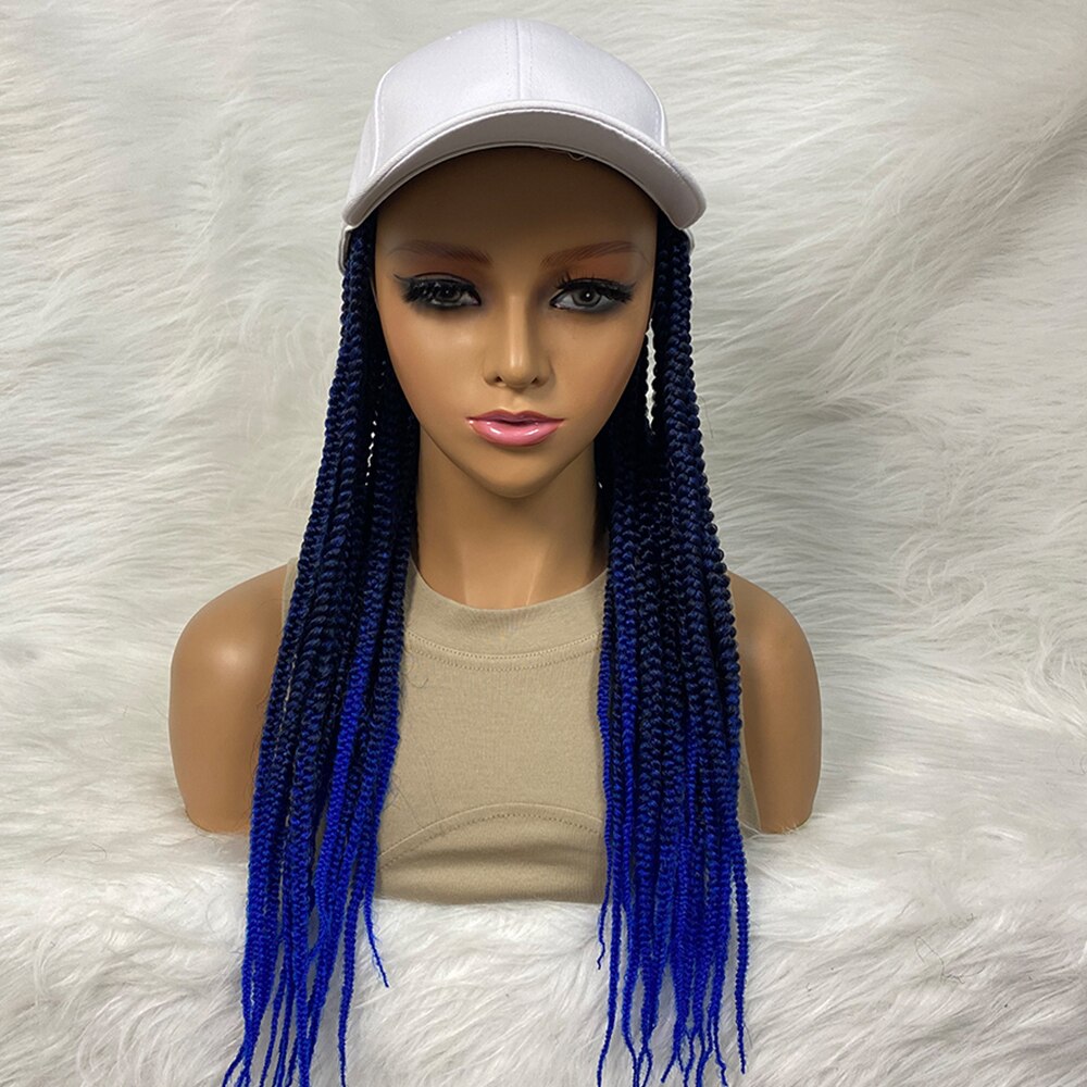 24 inches Cheap Synthetic Braided Wigs with Baseball Cap Natural Color Box Wigs For Afro Black Women Daily Wear White Hat Wig