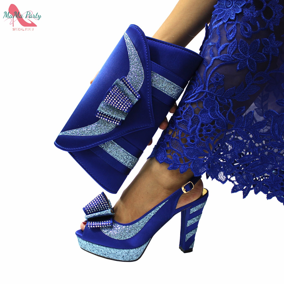 2022 Spring New Arrivals Slingbacks Sandals with Platform in Royal Blue Color High Quality African Women Shoes and Bag Set