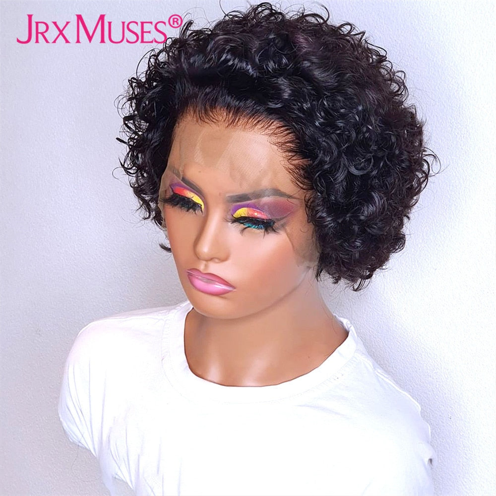 Pixie Cut Wig Human Hair Brazilian Short Curly Bob Human Hair Wigs Transparent Lace Wigs for Women Cheap Glueless Black Color