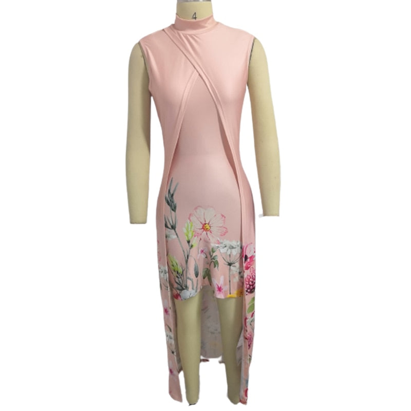 2022 Fashion Summer Women Casual Sleeveless Floral Print Elegant Dress Fake Two-Piece High Neck Asymmetrical Dress