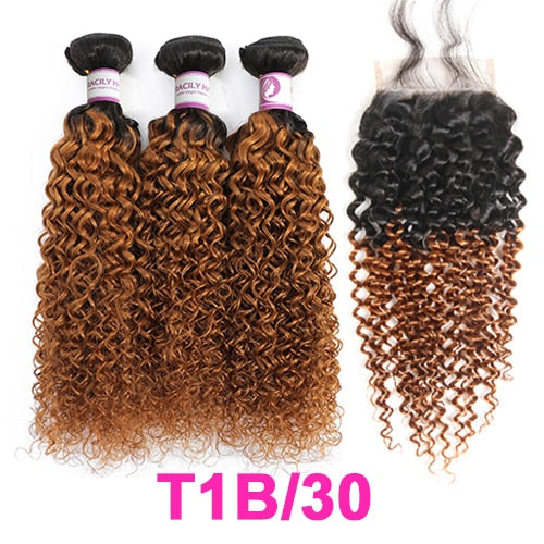 Racily Hair Ombre Brazilian Kinky Curly Bundles With Closure Remy Human Hair 3/4 Bundles With Closure 1B/30 Bundles With Closure