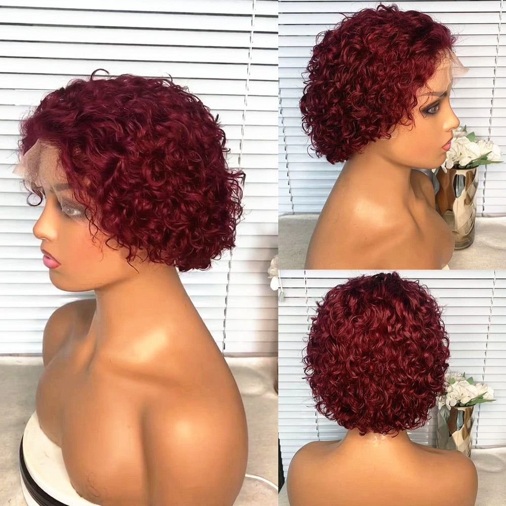 Pixie Cut Wig Human Hair Brazilian Short Curly Bob Human Hair Wigs Transparent Lace Wigs for Women Cheap Glueless Black Color