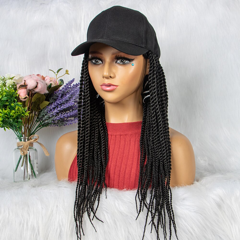 24 inches Cheap Synthetic Braided Wigs with Baseball Cap Natural Color Box Wigs For Afro Black Women Daily Wear White Hat Wig