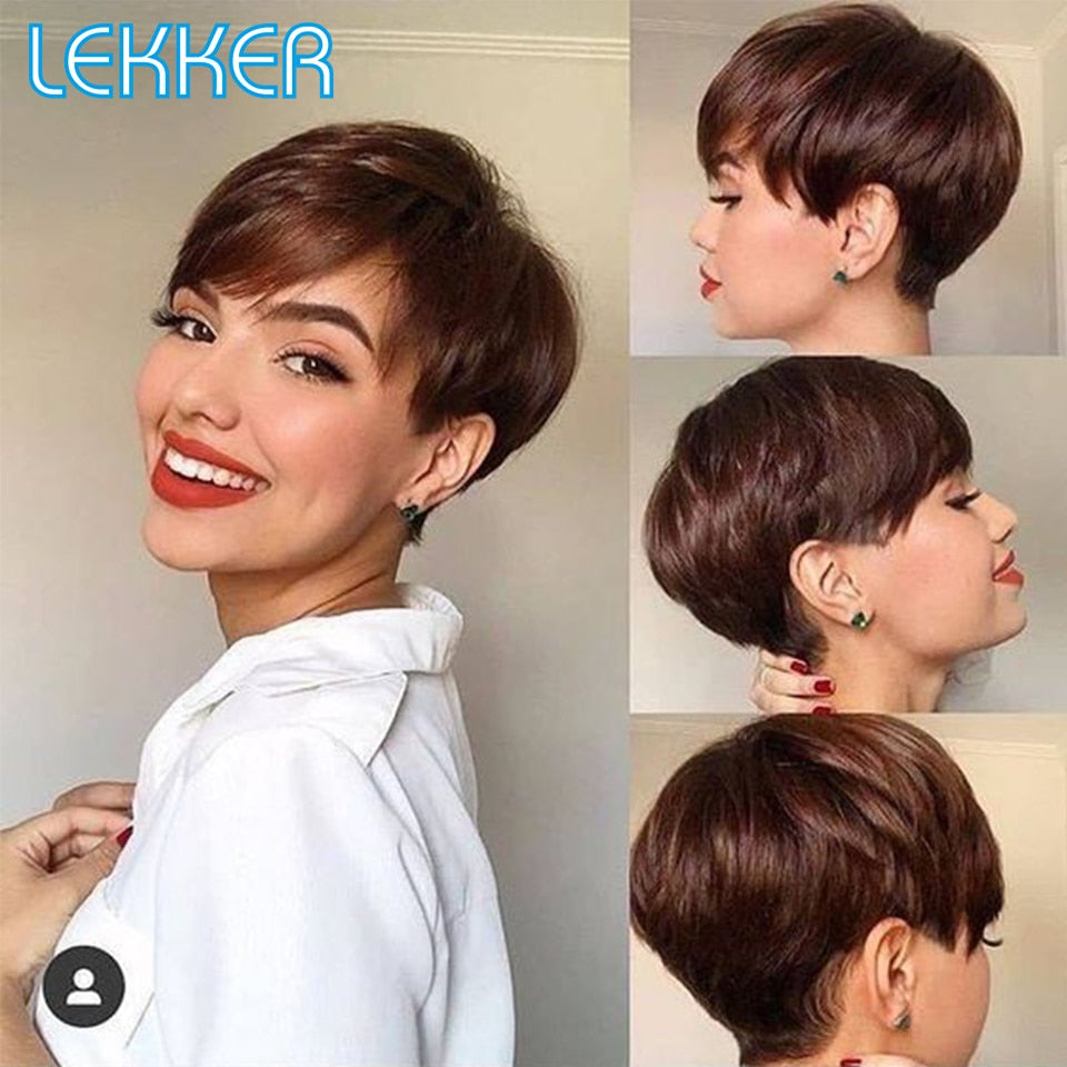 Lekker Colored Short Straight Bob Pixie Human Hair Wig With Bangs For Women Brazilian Remy Hair Non Lace Burgundy Red Cheap Wigs