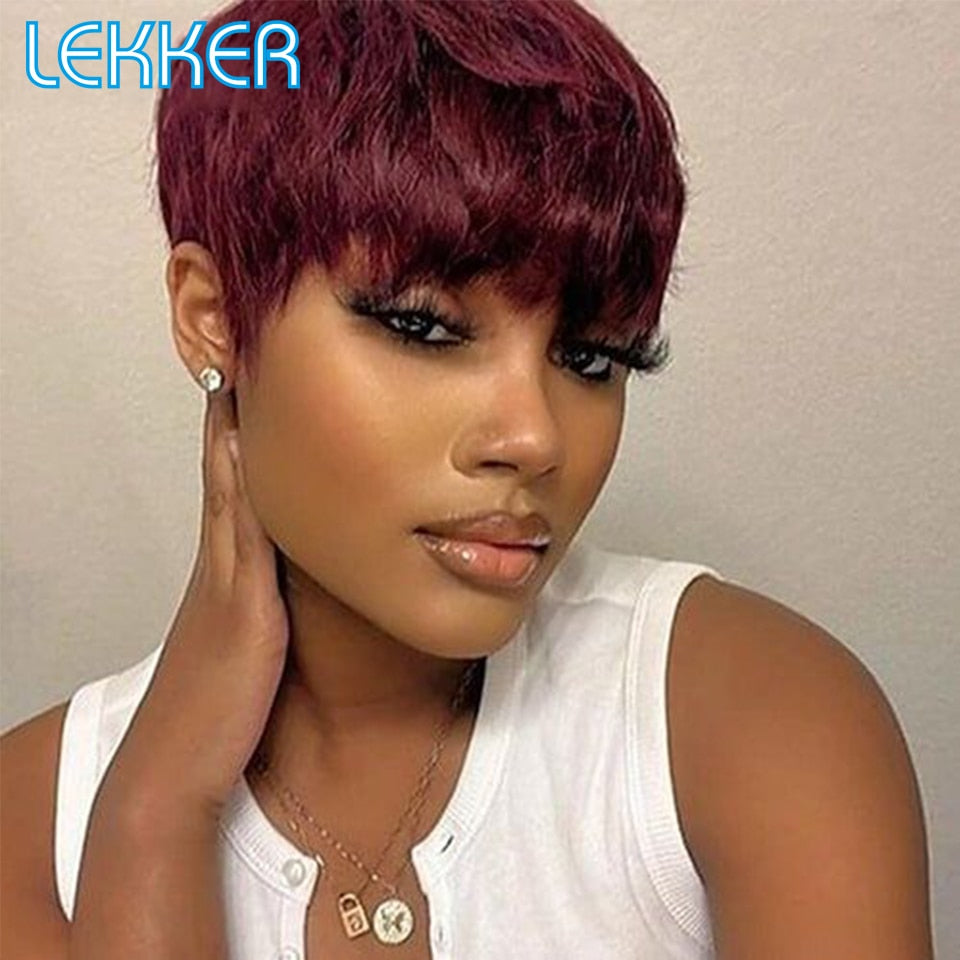 Lekker Colored Short Straight Bob Pixie Human Hair Wig With Bangs For Women Brazilian Remy Hair Non Lace Burgundy Red Cheap Wigs