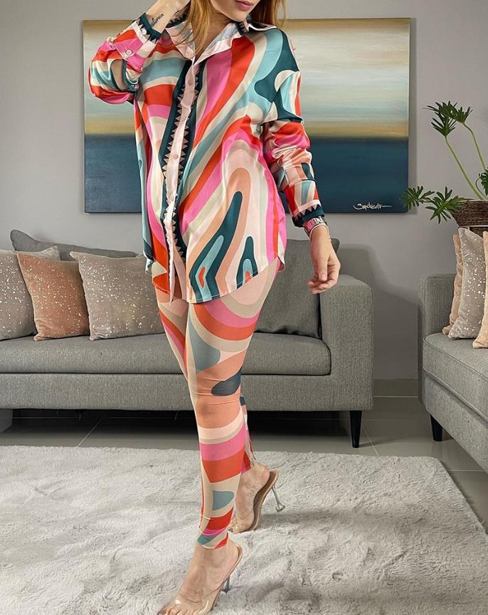 Women's Two-Piece Long Sleeve Sexy V-Neck Fashion Baroque Print Top and Tights Suit Casual Daily Street Wear Support Wholesale