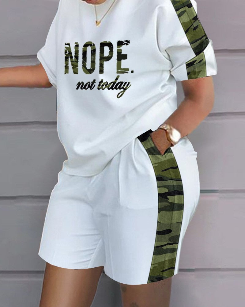 Women Casual Short Sleeve Outfit 2023 Summer Fashion Letter Printed O Neck Pocket Suit Female T Shirt Top Shorts Two Pieces Set
