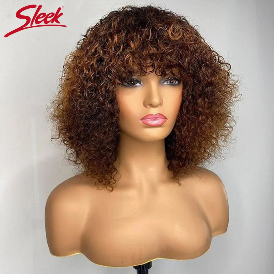 Short Pixie Bob Cut Human Hair Wigs With Bangs Jerry Curly Glueless Wig Highlight Honey Water Wave Blonde Colored Wigs For Women