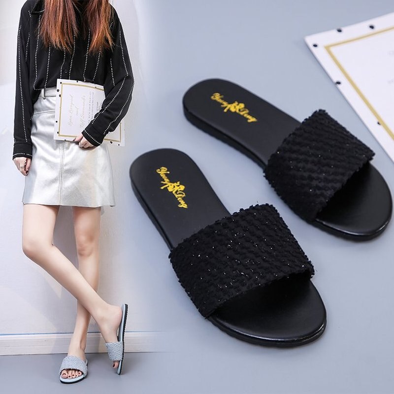Summer Women's Flat Sandals 2022 New Women's Outdoor Sequin Open Toe Comfort Casual Slippers Furry Slides for Women Plus Size 43
