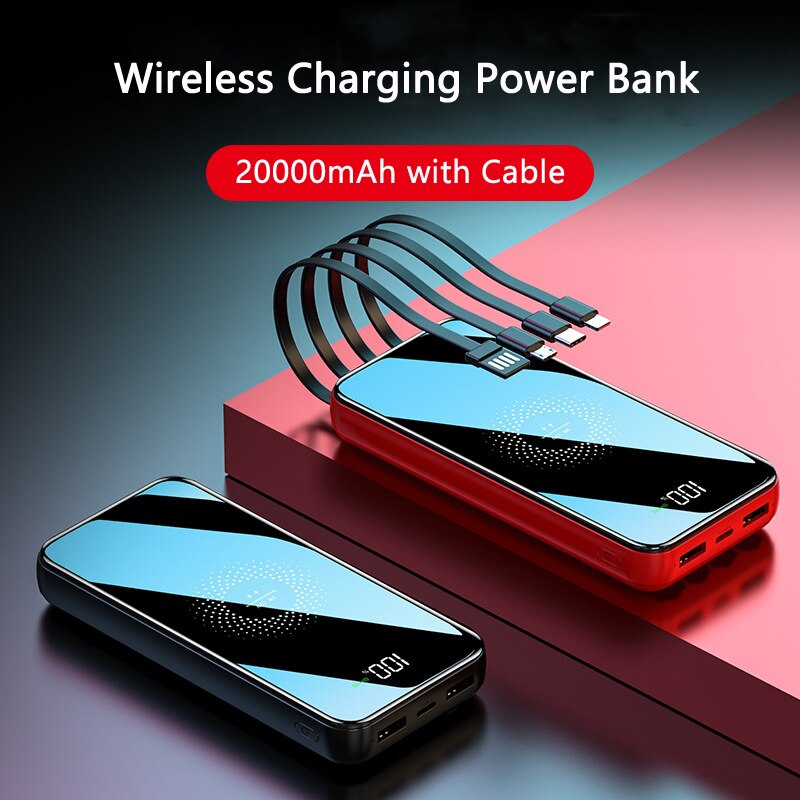 Power Bank 10000/20000mAh Wireless Charger with Cable Powerbank Type C/Micro USB/For Apple Interface Portable External Battery