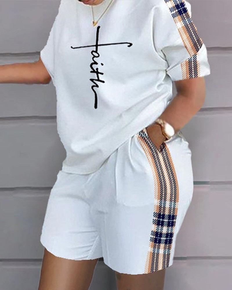 Women Casual Short Sleeve Outfit 2023 Summer Fashion Letter Printed O Neck Pocket Suit Female T Shirt Top Shorts Two Pieces Set