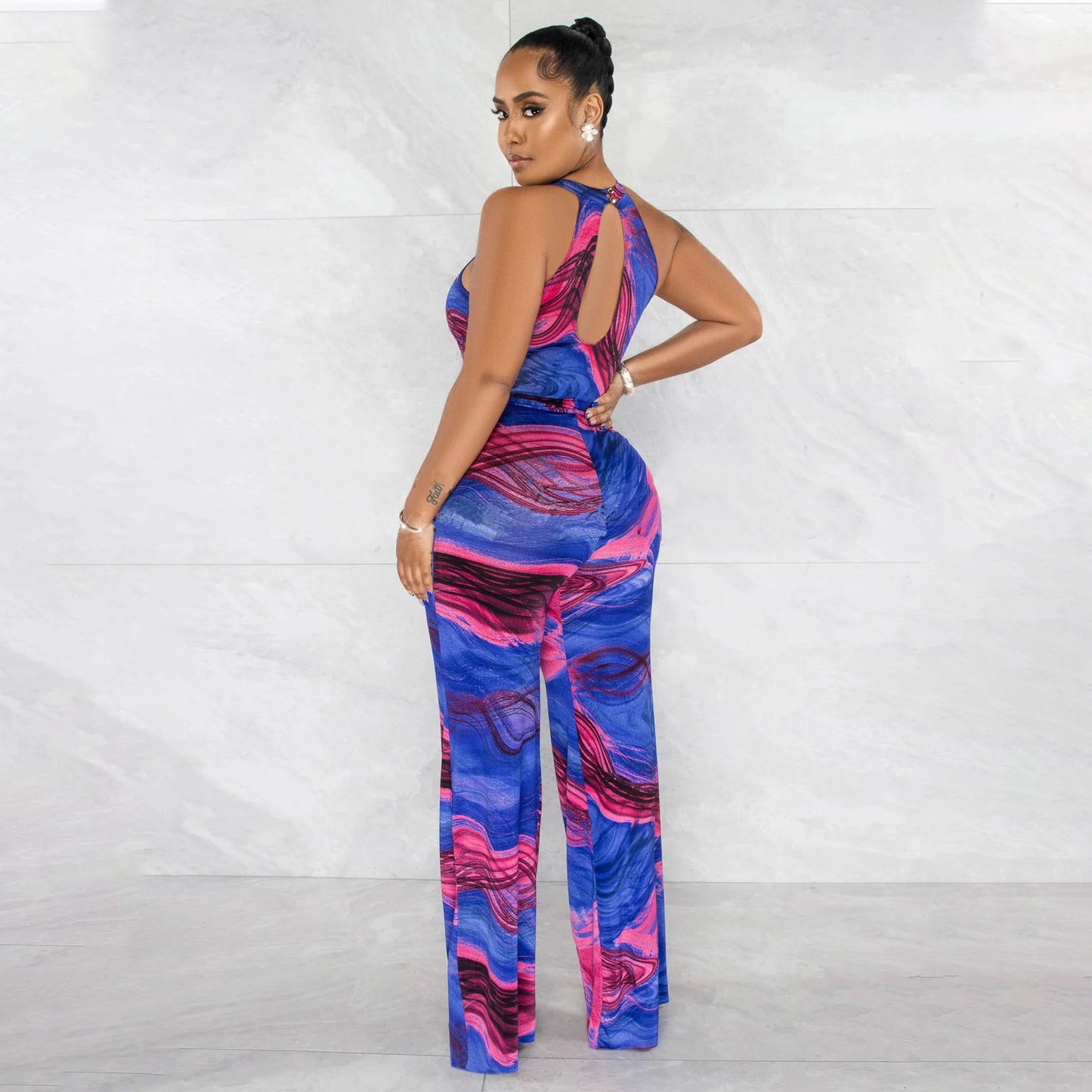 Women's Printed Sexy Sleeveless Lace-up Jumpsuit Trousers