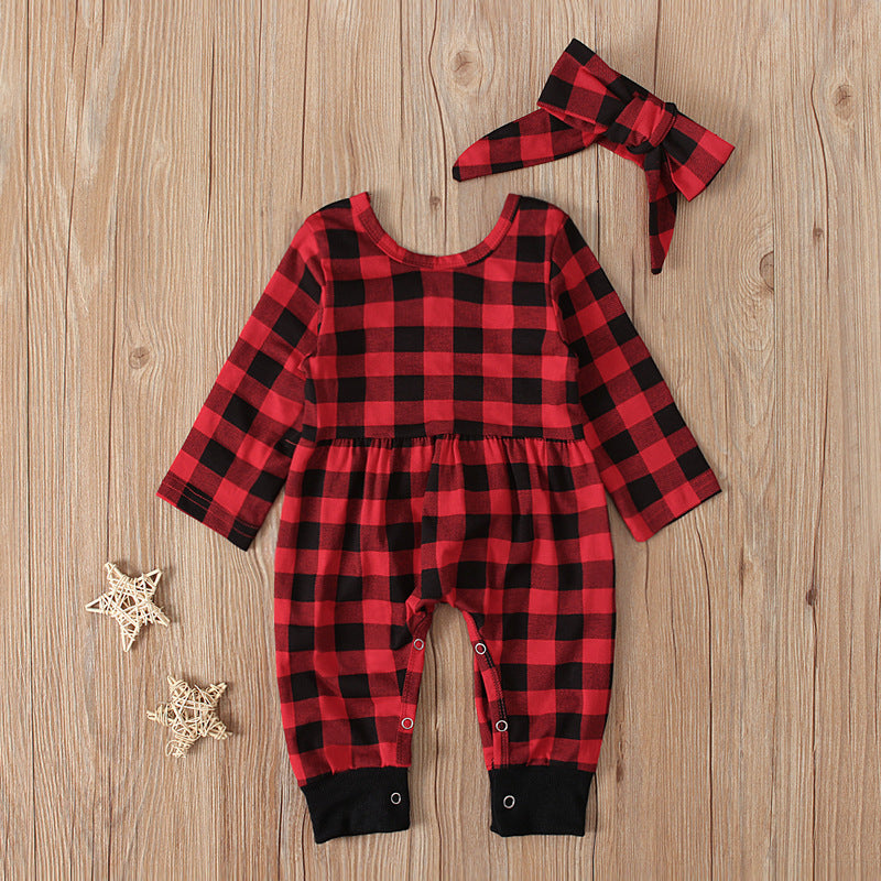 Girls' long-sleeved plaid one-piece two-piece suit