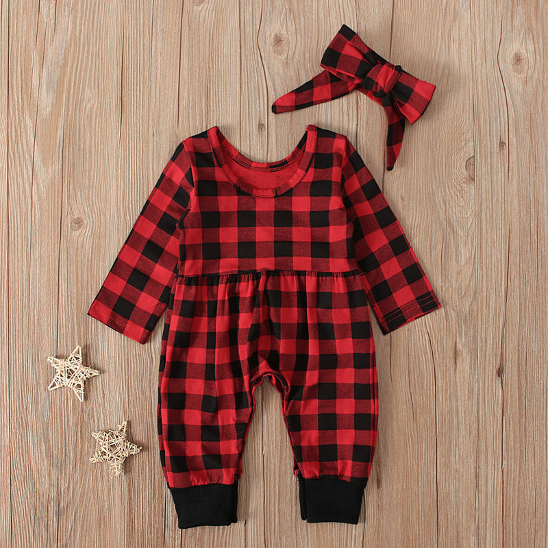 Girls' long-sleeved plaid one-piece two-piece suit