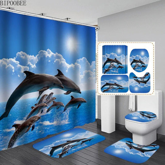 Three-Piece Bathroom Shower Curtain Waterproof And Mildew Proof Polyester Bathroom Curtain 3D Dolphin
