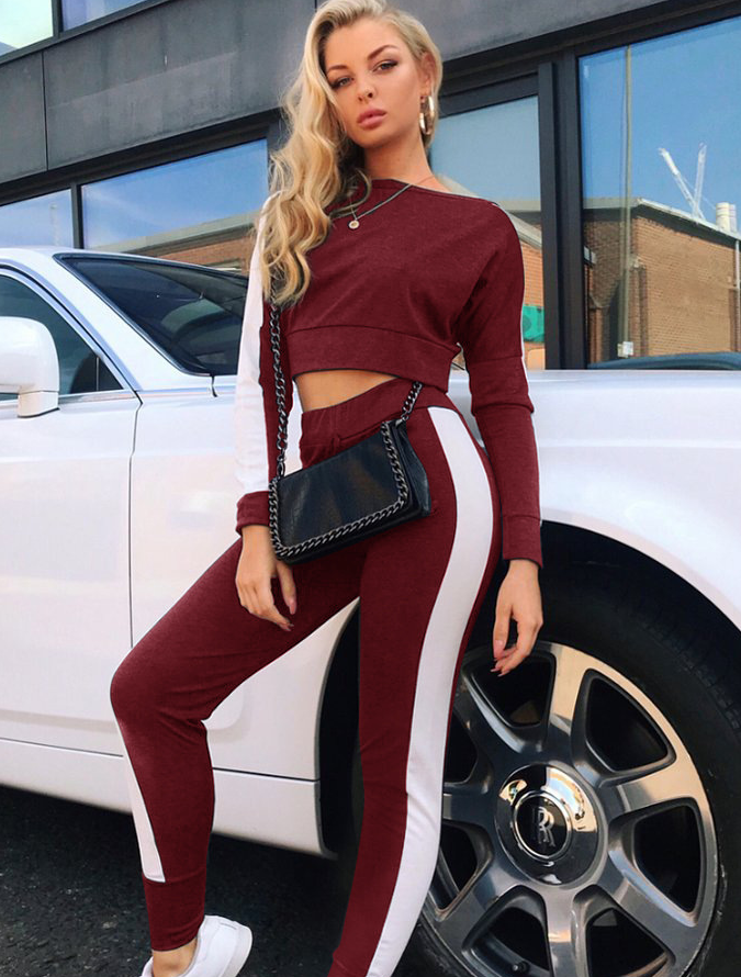 European and American fashion women's casual sexy stitching sports suit two sets of sweater