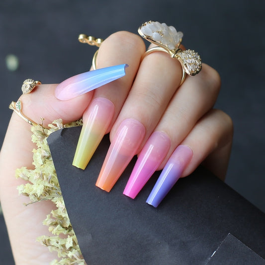 Extra Rainbow nails long coffin Ombre fake nail luxury coffin  false nails