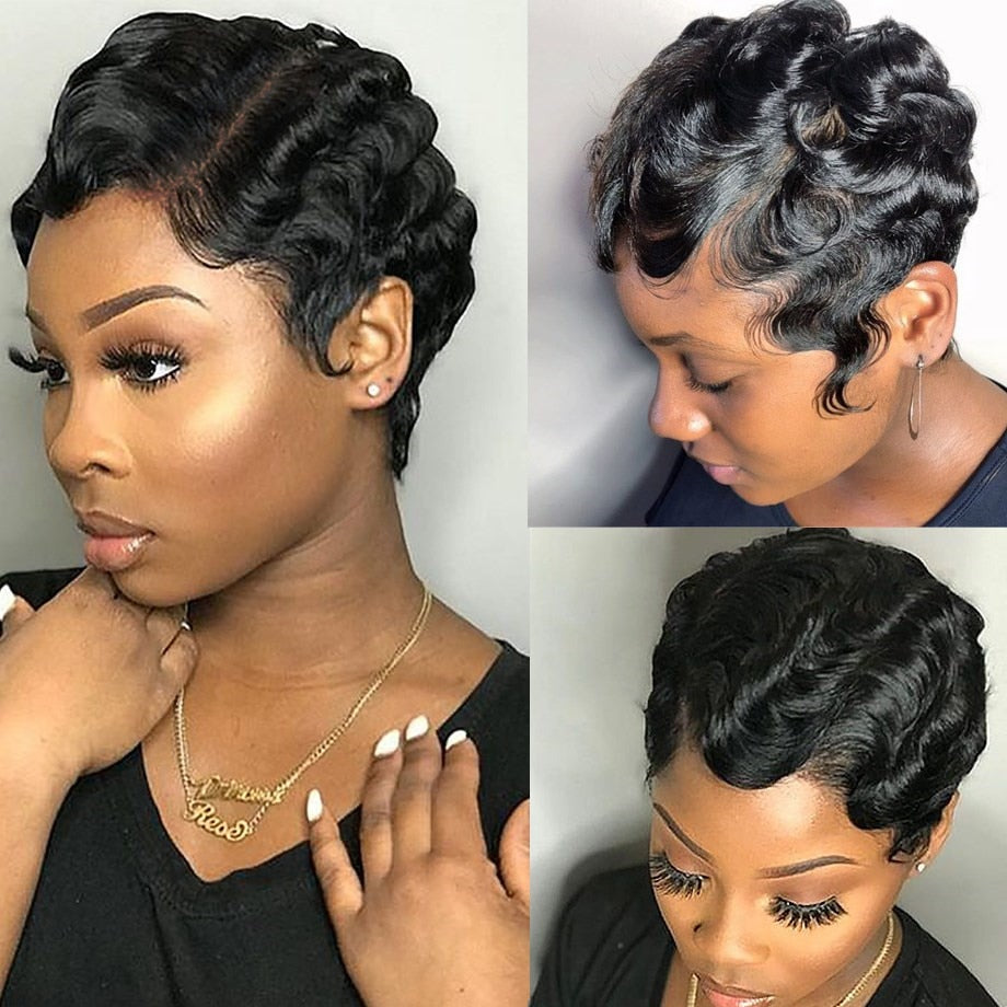 Brazilian Short Pixie Cut Wig Human Hair Wigs Really Cute Finger Waves Hairstyles for Black Women Full Machine Made Wigs