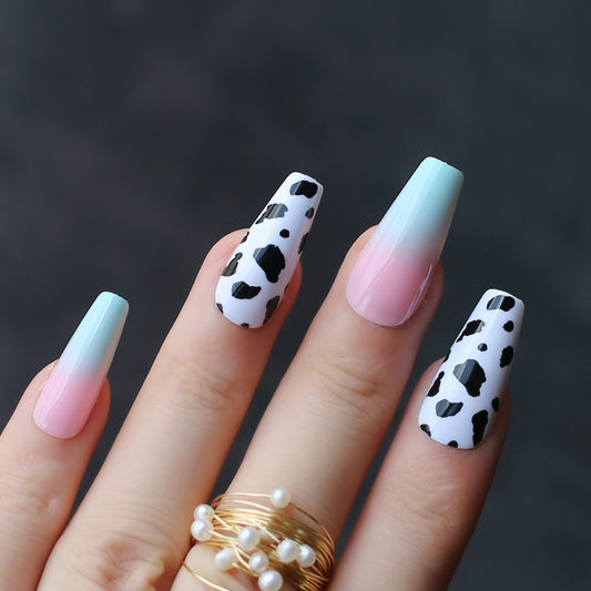Pink blue ombre  French cow print gel false nails 24pcs Acrylic design nails Black dalmatian Cute summer fake nail