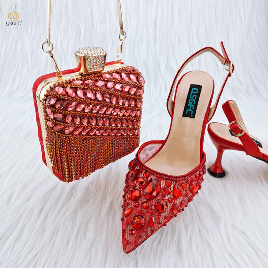 QSGFC 2023 Nigeria Fashion Lace Mini Bag And Mid-Heel Pointed Toe Luxury Shoes and Bag for Lady Party