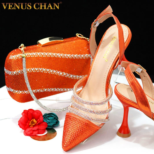 Venus Chan 2023 Newest INS Style Orange Color Elegant High Heels Nigeria Popular Design African Ladies Shoes And Bag Set