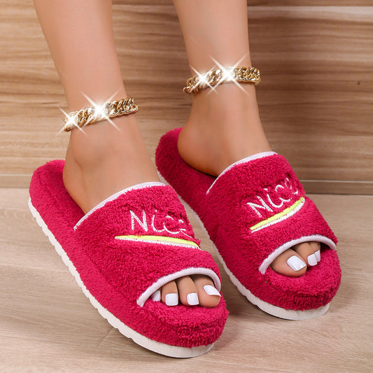 Peep Toe House Slippers For Women Winter Furry Shoes